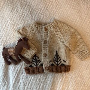 Cream Knit Baby Cardigan with Brown Hem and Tree Pattern